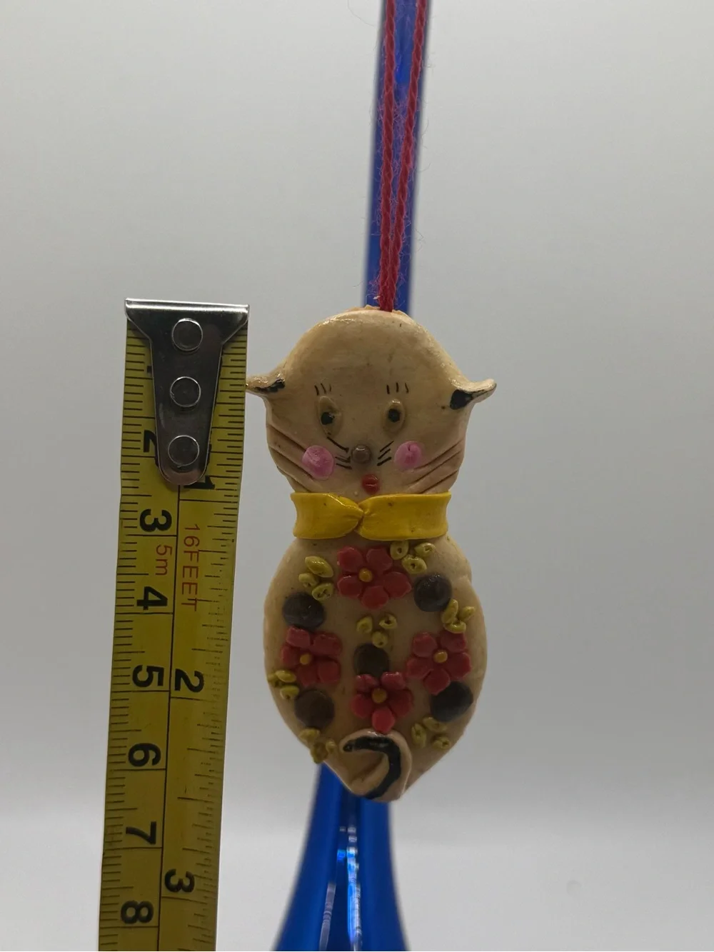 Vintage Handcrafted Cat Ornament with Pink Floral Accents Christmas mini